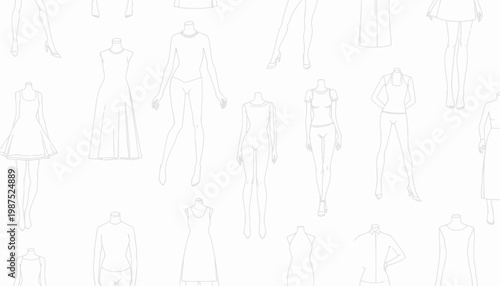 Illustrative Fashion Design Patterns Featuring Various Dress and Outfit Silhouettes on Mannequin Models in Seamless Pattern Layout