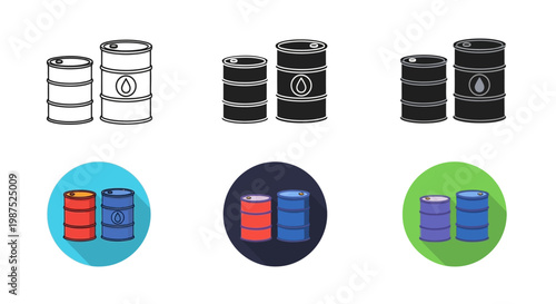 Stylized oil barrels in varying colors and shades presented as icons