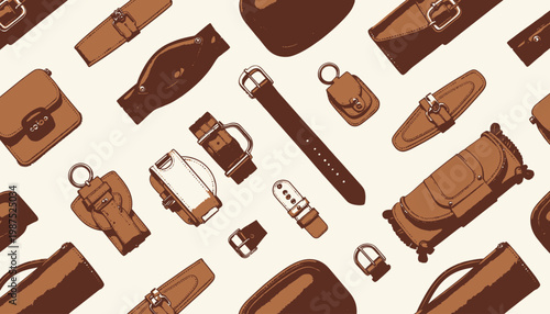 Aesthetic Display of Various Leather Accessories Including Bags, Belts, and Cases in Different Shades of Brown and Tan with Metal Detailing