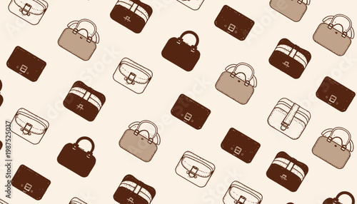 Patterned Illustration Showcasing a Variety of Stylish Handbags and Purses in Neutral Tones on a Light Background Design