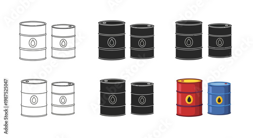 Collection of oil barrels in varying colors and shades outlined