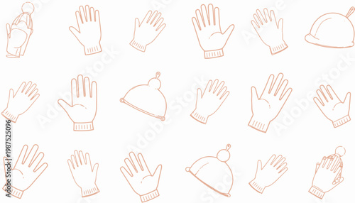 Seamless Pattern of Hand-Drawn Winter Mittens, Hats, and Gloves in a Repeated Artistic Grid Layout on White Background