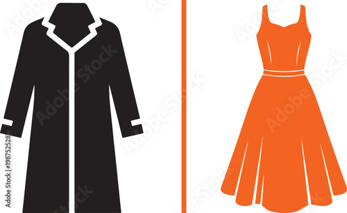 Minimalist vector illustration of a black overcoat and orange dress separated by a line for fashion retail and apparel signage