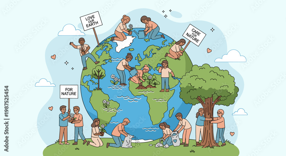 Naklejka premium Diverse people actively engaged in environmental conservation efforts around the globe, planting trees, cleaning up litter, and holding signs promoting nature and Earth.