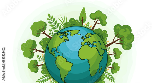A vibrant illustration of planet Earth surrounded by lush green trees and foliage, symbolizing environmental protection and ecological balance.