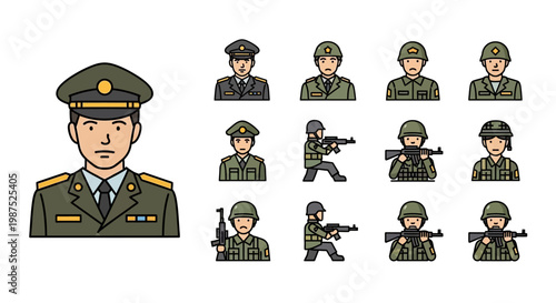 Military personnel icons officers and soldiers in various uniforms displayed