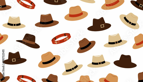 Seamless Pattern Featuring Various Stylish Hats and Red Dog Collars on a White Background for Fashion Enthusiasts and Pet Lovers