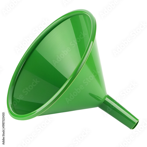 A green plastic funnel with smooth glossy surface,  isolated on a transparent background