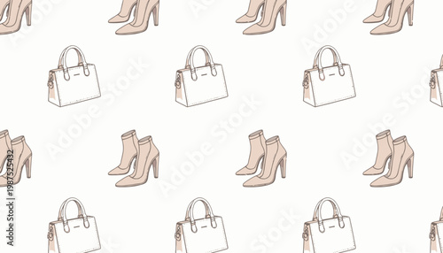 Elegant pattern featuring high-heeled shoes and handbags in neutral tones, stylish illustration reflecting timeless fashion essentials for a sophisticated look