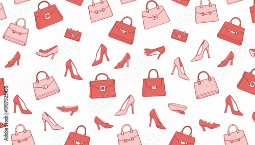 Seamless Pattern of Stylish Women's Handbags and Heels in Various Shades of Pink on a White Background