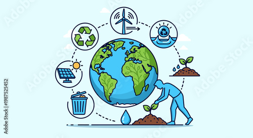 Global environmental sustainability concept with various eco-friendly elements and a person planting a tree, illustrating ecological care and renewable energy.