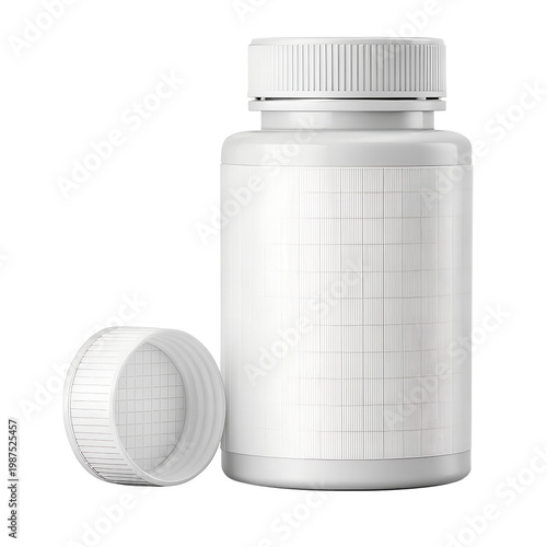 A plastic pill bottle with label and cap, product render, isolated on transparent background