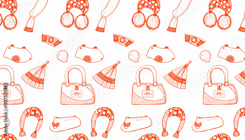 Seamless Pattern of Winter Accessories: Handbags, Scarves, Mittens, and Cozy Winter Gear in Festive Orange and White Theme