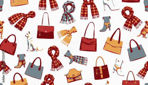 Colorful Collection of Fashion Accessories and Pet Illustrations Including Scarves, Bags, Shoes, and Dogs on a White Background