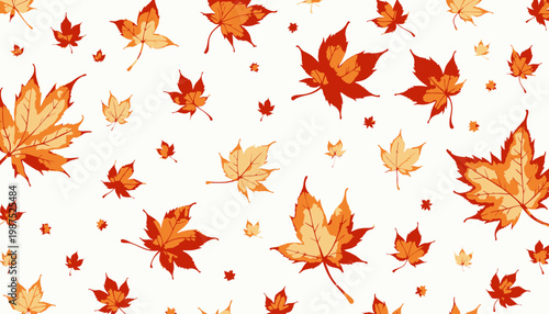 Vibrant autumn foliage pattern showcasing a diverse array of intricately detailed maple leaves scattered gracefully across a plain background symbolizing seasonal change