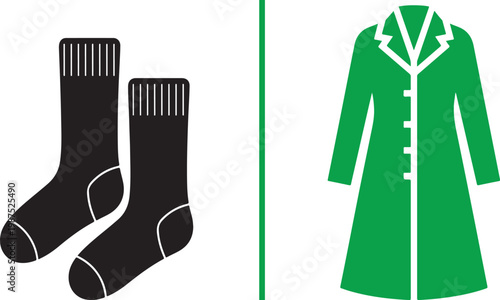 Minimalist vector illustration of black socks and a green overcoat icon set for winter clothing and fashion retail