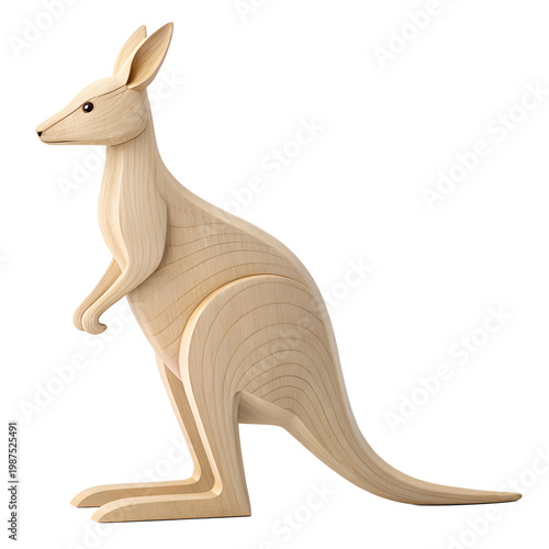 A carved wooden Kangaroo figurine, 3D render, isolated on transparent background