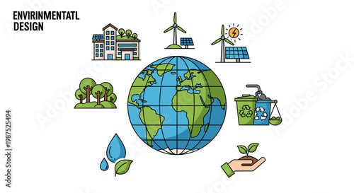 Environmental design concept featuring a globe surrounded by icons representing sustainability, renewable energy, and eco-friendly practices.