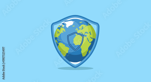 A stylized illustration of planet Earth protected by a shield, symbolizing global security and environmental protection.