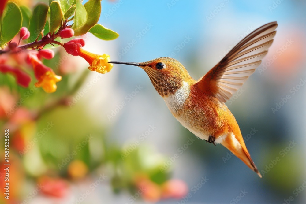 Fototapeta premium Vibrant hummingbird hovering near flowers