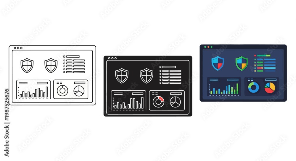 Fototapeta premium Cybersecurity dashboard illustrations in three different color schemes