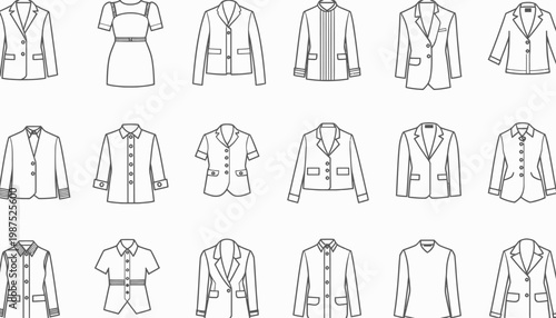 Diverse Collection of Line Art Illustrations Showcasing Various Blazer Styles for Fashion Design Inspiration and Wardrobe Planning