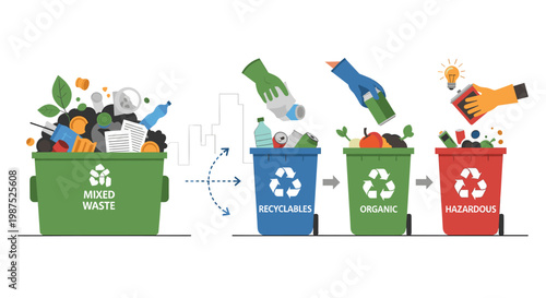 Illustration demonstrating the process of waste sorting and recycling, separating mixed waste into recyclables, organic, and hazardous materials.