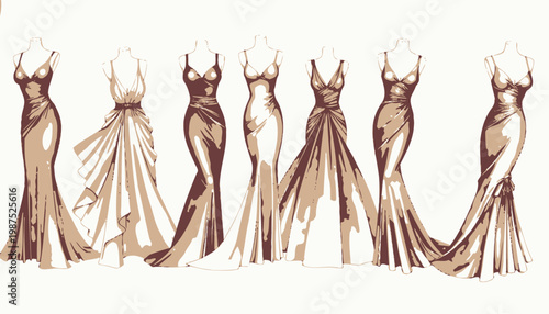 Elegant Array of Colorful Evening Gowns on Mannequins Showcasing Diverse Styles and Draping Techniques in a Fashion Design Illustration