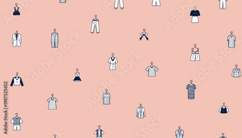 Illustrated Pattern of Various Clothing Pieces on a Soft Pink Background Featuring Diverse Outfits