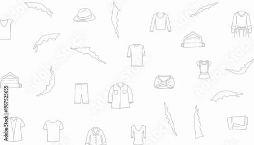 Seamless Doodle Pattern Featuring Various Outlined Clothing Items Including Shirts, Dresses, Hats, Shorts, and Distinctive Leaf Motifs on a Light Background