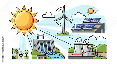 Illustration of diverse energy sources including solar, wind, hydro, nuclear, and thermal power plants, showcasing a comprehensive energy generation system.