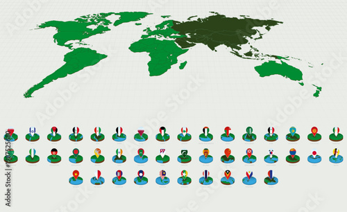 Alphabetically Sorted Asian Maps, Isometric Round Design with Flags.