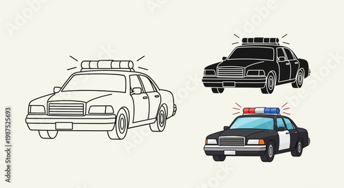 Illustration of police cars in various styles including outline and solid
