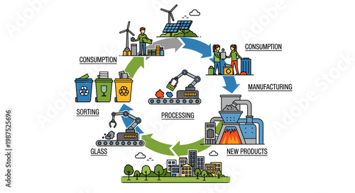 Circular economy diagram illustrating the recycling process from consumption and sorting to processing and manufacturing new products with renewable energy sources.