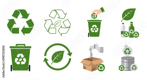 Collection of green recycling and environmental sustainability icons and symbols, including bins, leaves, and waste management concepts.