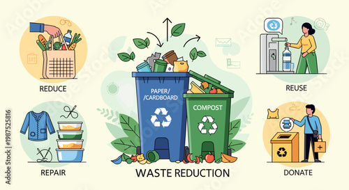 Visual guide illustrating various methods of waste reduction including reduce, reuse, repair, and donate, alongside proper recycling and composting.