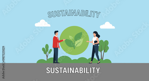 Two people stand near a large green leaf symbol, representing sustainability and environmental care.