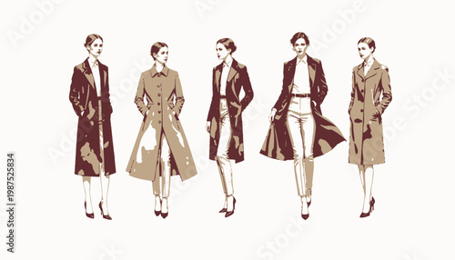 Collection of Fashionable Women Wearing Colorful Elegant Long Coats Showcasing Stylish Outerwear Perfect for Cold Weather Seasons