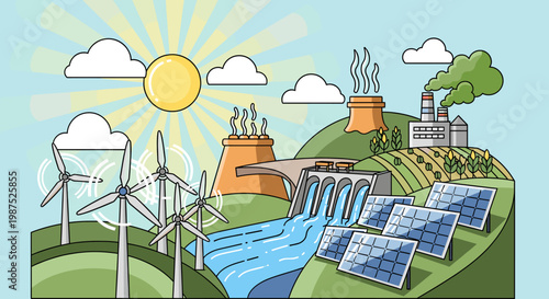 Illustration depicting various renewable and non-renewable energy sources including solar panels, wind turbines, hydroelectric dam, and industrial power plants.