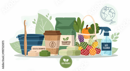 A collection of eco-friendly and sustainable products for a greener lifestyle, including reusable items and natural cleaning solutions.