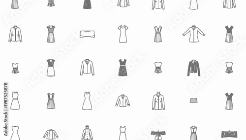 Illustrated Collection of Various Female Fashion Outfit Icons on a Minimalistic White Background Displaying Diverse Clothing Styles