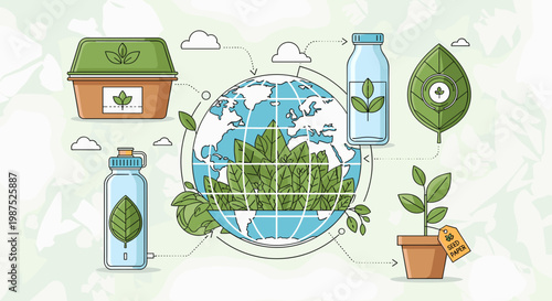Illustration of eco-friendly products and sustainable practices surrounding a globe with lush greenery, emphasizing environmental care and nature.