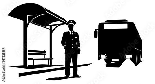 A bus driver stands near a bus stop with an approaching vehicle