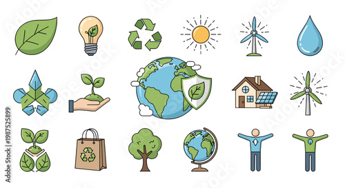 A vibrant collection of eco-friendly icons representing sustainability, renewable energy, and environmental protection.