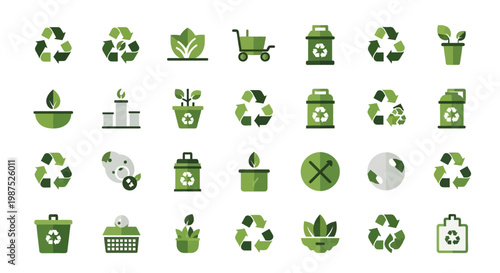 Collection of green icons representing recycling sustainability and environmental care