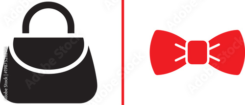 Black handbag and red bow tie vector icons representing female and male fashion for formal events