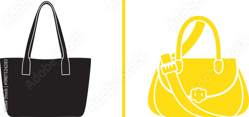 Minimalist vector illustration of black tote bag and yellow shoulder handbag silhouettes for fashion retail and shopping icons