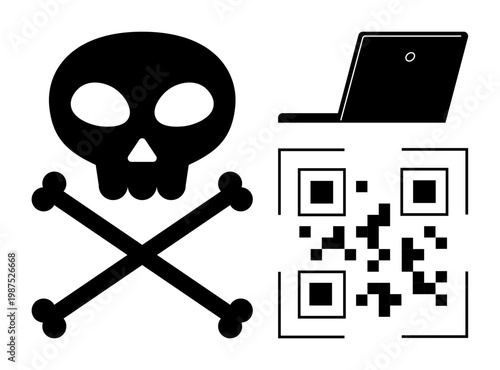 Cybersecurity, hacking, malware, data security, identity protection, online threats. Skull and crossbones, QR code and laptop diagram. Cybersecurity and hacking concept visualization