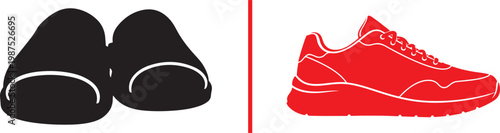 Slipper and sneaker vector illustration set featuring black and red footwear silhouettes for lifestyle comparison