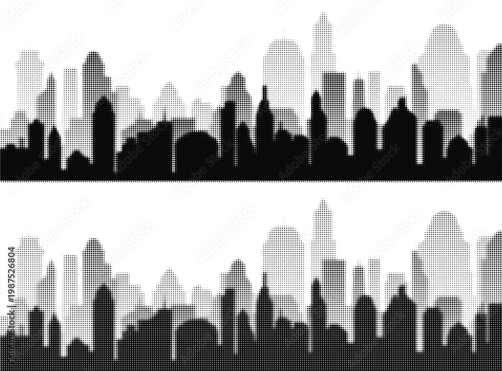 Obraz premium Abstract halftone city skyline silhouette on a blue background, modern urban vector illustration